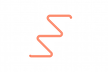 Red glowing neon light tube displaying a wavy s-shape, creating an abstract, dynamic zigzag design on a transparent background