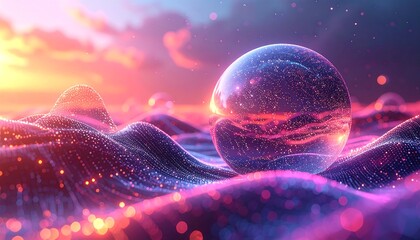 A luminous sphere sits atop a rippling, textured surface, bathed in the warm glow of a pink and orange sunset, suggestive of dreams