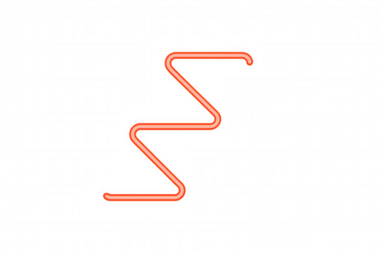 Red glowing neon light tube displaying a wavy s-shape, creating an abstract, dynamic zigzag design on a transparent background