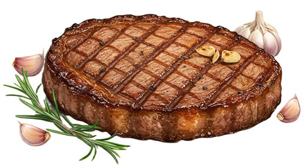 Grilled beef steak with rosemary and garlic isolated on transparent background, a delicious and savory dish