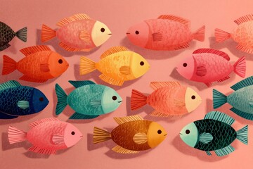 A vibrant display of paper cutout fish in various colors, creating a cheerful underwater scene.