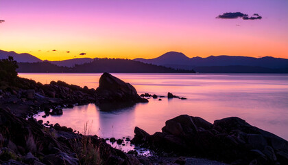 Vibrant Sunset Over Calm Lake Water With Rocky Shoreline And Distant Mountain Silhouette In Violet And Orange Hues Creating A Serene Landscape