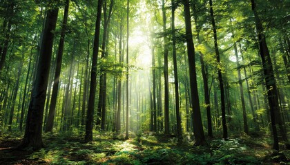 Green Wood Trees In Sunlight: A Vertical Image Of Natural Forest Beauty And Serenity