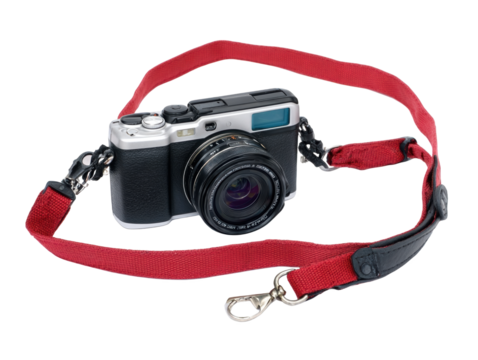 Compact camera with red strap, white isolate background