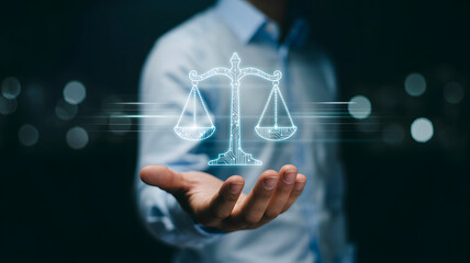 Man holding glowing digital scales of justice symbolizing legal technology innovation and fair judgment in modern business solutions