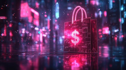 Neon shopping bag with a dollar sign shines on a wet city street