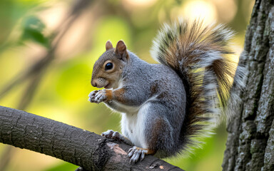 Squirrel snacking peacefully on a tree branch, its bushy tail catching the light, a moment of wildlife captured in nature's beauty, inspiring serenity