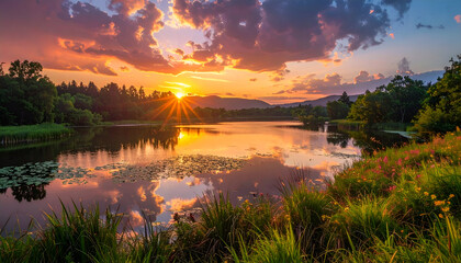 Obraz premium Vibrant Sunset Reflecting on Calm River Waters Surrounded by Green Trees and Colorful Flowers Under Dramatic Cloudy Sky in Tranquil Natural Landscape
