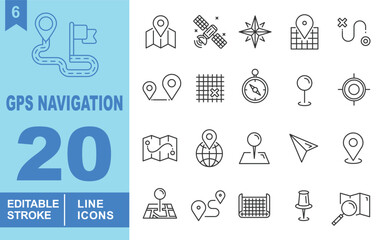 GPS Navigation line Editable Icons set. Vector illustrations in a modern, thin line style of navigation related icons: route with pointer, GPS satellite, wind rose, and more.