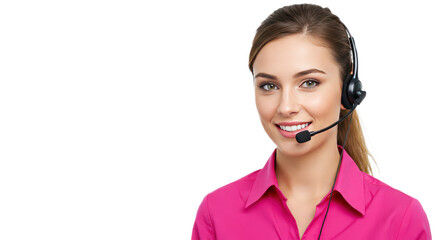 Smiling caucasian woman wearing headset isolated on transparent background, ready to assist customers today