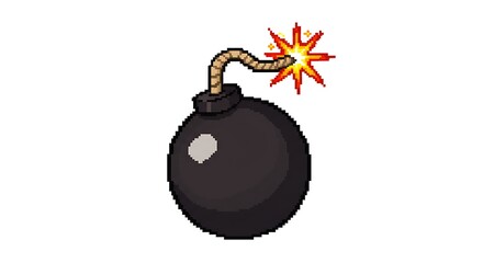 A pixel art illustration of a round bomb with a lit fuse, emitting red and yellow sparks. The image is in an 8-bit or 16-bit game style, on a white background.