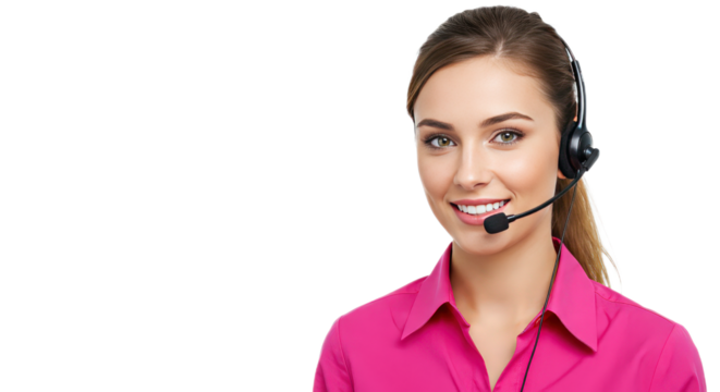 Smiling caucasian woman wearing headset isolated on transparent background, ready to assist customers today - Powered by Adobe