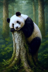 Obraz premium Panda resting on a tree in a lush green forest during the daytime surrounded by dense foliage