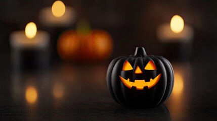 Halloween black pumpkin jack o lantern glowing in candlelight, Halloween pumpkin artwork in dark moody background, Halloween black pumpkin design for spooky night celebration