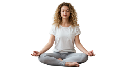 Young woman with curly hair sitting in lotus position isolated on transparent background meditation concept