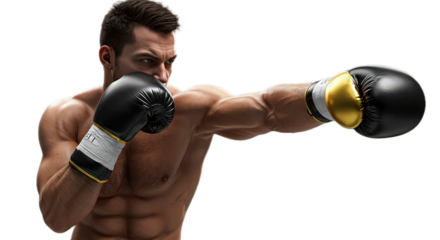 Strong boxer throwing a punch with black boxing gloves isolated on transparent background in studio shot