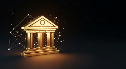 Golden building icon with three columns and triangular roof, connected to a network of dots on dark backdrop, representing finance or institution