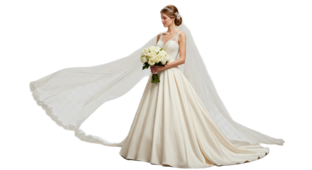 Elegant bride in a beautiful white wedding dress holding a bouquet of flowers isolated on transparent background