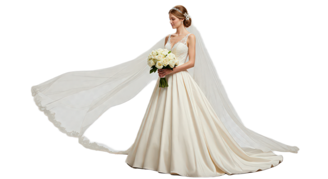 Elegant bride in a beautiful white wedding dress holding a bouquet of flowers isolated on transparent background
