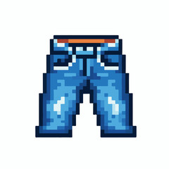 A retro 8-bit pixel art icon of classic blue denim jeans. A vintage video game style clothing sprite for a digital fashion concept, isolated on white
