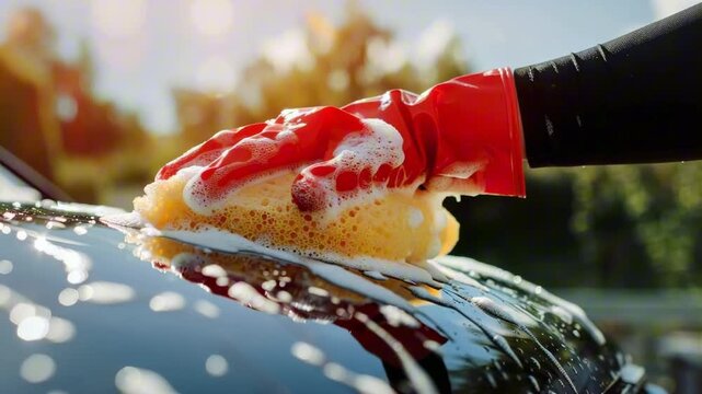 Hand wearing red glove scrubs car roof with soapy sponge, showcasing detailed cleaning process, camera zooms in to capture action and texture of foam