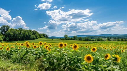 Sunny Spring & Summer Meadows: Yellow Sunflowers, Blue Skies, and Bees in Rural Flower Fields & Gardens