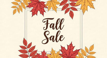 Autumn leaves border a rectangular frame with "Fall Sale" text, representing a seasonal promotion or event with autumnal aesthetic and design