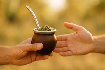 Sharing mate tea between friends outdoors 