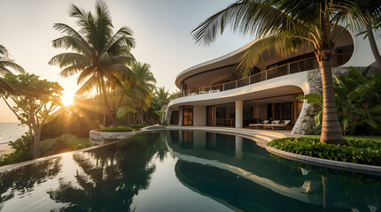 Luxurious Tropical Villa Exterior in Zanzibar with Infinity Pool and Sunrise View