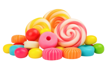 Vibrant pile of colorful assorted candies and lollipops creating sweet joy