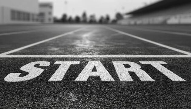 Starting Fresh: Beginning Anew On A White Blank Canvas, With The First Steps On A Running Track In A Stadium Captured From Above.