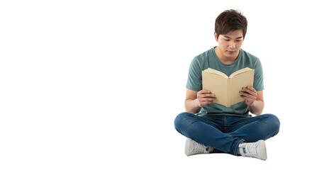 Young asian man sitting cross legged isolated on transparent background engrossed in reading a book indoors