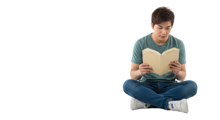 Young asian man sitting cross legged isolated on transparent background engrossed in reading a book indoors