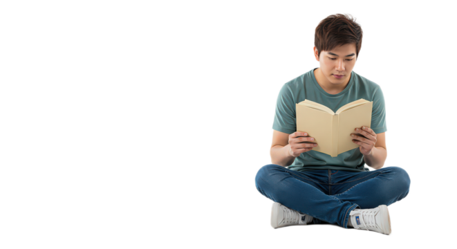 Young asian man sitting cross legged isolated on transparent background engrossed in reading a book indoors