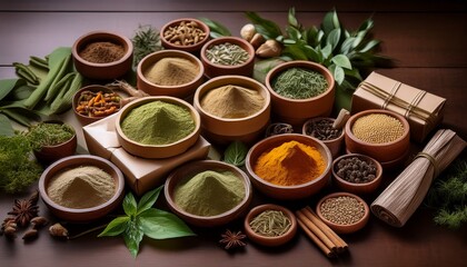 Fototapeta premium ayurvedic herbs and powders arranged in eco friendly packaging