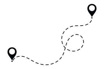 Route location icon two pin sign and dotted line. Route icon between two points. GPS navigation line route mark. two points with dotted path and location pin. Vector illustration.