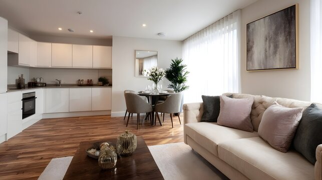 A modern open plan living dining and kitchen area with elegant furniture and abstract art