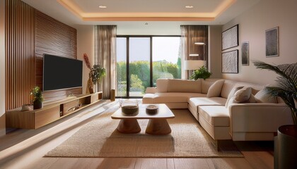 Fototapeta premium modern living room neutral tones featuring a tv and coffee table