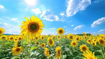 Sunny Spring & Summer Meadows: Yellow Sunflowers, Blue Skies, and Bees in Rural Flower Fields & Gardens