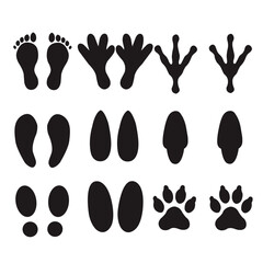 Footprint silhouette vector set. Human and animal tracks collection. Paw and shoe print icons, wildlife trail design elements ands black footprints isolated on white background