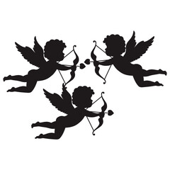 Cupid silhouette vector illustration isolated on white background. Flying angel with bow and arrow, Valentine love symbol and romantic cherub design element