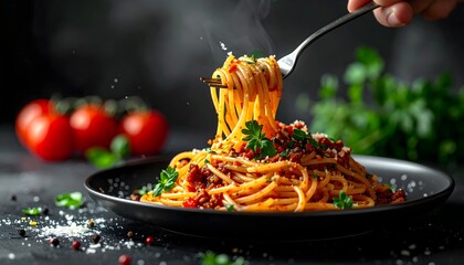 Delicious spaghetti with tomato sauce and herbs on a plate