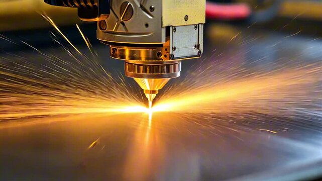 Laser cutting machine emits bright sparks while cutting metal sheet, showcasing precision and technology, camera follows action with smooth dolly movement