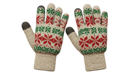 Pair of knitted gloves with a snowflake pattern isolated on transparent background for winter season