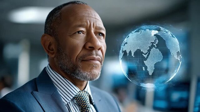 Global Vision: A distinguished leader contemplates the interconnected world, with a holographic globe hovering nearby, embodying strategic foresight and global awareness.