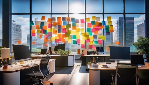 an abstract representation of a modern office filled with colorful post it notes and computer screens