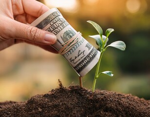 a hand holding an upward growing plant with dollar bills wrapped around the stem on blurred background