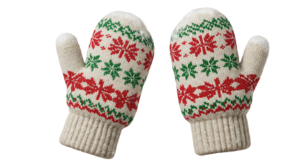 Pair of knitted mittens isolated on transparent background, featuring a festive snowflake pattern in red and green