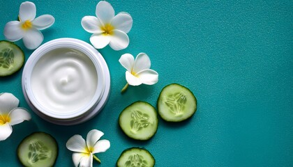 white cream jar plumeria flowers cucumber slices on teal surface