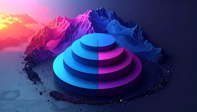 A multi-tiered, circular platform split between blue and pink hues, set before mountainous landscape - Powered by Adobe